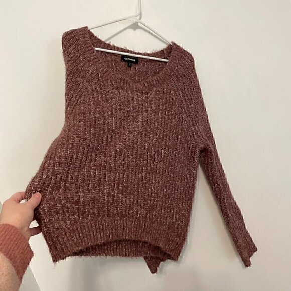 EXPRESS Purple White Marled Fuzzy Chunky Knit Thumbholes Round Neck Sweater XS - Picture 9 of 12